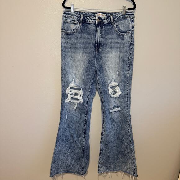 Risen Denim - Freckled Poppy x Risen Women's Plus Distressed Acid Wash Raw Hem Flare Jeans 2XL